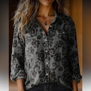 Classic Floral Print Button Front Shirt Top Blouse Black